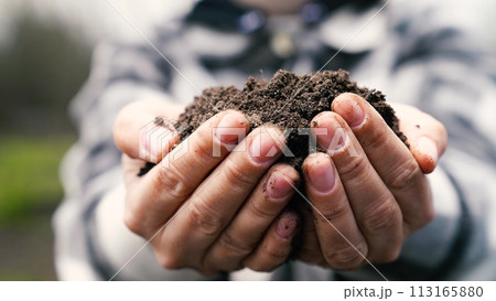 farmer holding soil his hands, earth, black soil earth fertilizers, preparing earth soil for planting seedlings, sprouts, work agriculture, hands close-up, farmer working field, farm care, smart earth farmer holding soil his hands, earth, black soil earth fertilizers, preparing earth soil for planting seedlings, sprouts, work agriculture, hands close-up, farmer working field, farm care, smart earth 113165880