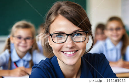 portrait smiling teacher, background class students, teacher glasses, happy face, lesson class, boy girl, teamwork group children, school program, children sitting desks, child, kid, school, student 113165983