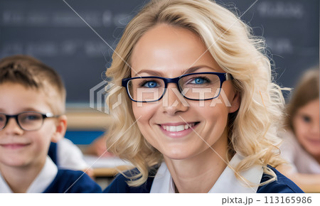 portrait female teacher, smile face, blonde hair, schoolchildren lesson, children class teacher, background group children, teamwork, group child smile, teacher with glasses, happy eyes school teacher portrait female teacher, smile face, blonde hair, schoolchildren lesson, children class teacher, background group children, teamwork, group child smile, teacher with glasses, happy eyes school teacher 113165986