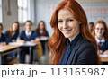 portrait female teacher, smile face, red hair, schoolchildren lesson, children class teacher, background group children, teamwork, group child smile, teacher with glasses, happy eyes school teacher, 113165987