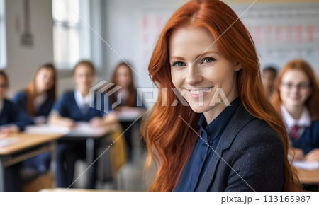 portrait female teacher, smile face, red hair, schoolchildren lesson, children class teacher, background group children, teamwork, group child smile, teacher with glasses, happy eyes school teacher, 113165987