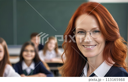 portrait female teacher, smile face, red hair, schoolchildren lesson, children class teacher, background group children, teamwork, group child smile, teacher with glasses, happy eyes school teacher, 113165988