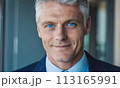 businessman, face of a blue-eyed gray-haired man, business concept, man smiling, head office employee, friendly employer, businessman sitting at his desk, gray-haired handsome man in a jacket smiling 113165991