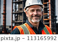 electrician engineer against background towers, gray-haired man electrician works with white helmet head, construction, energy technology industry, energy businessman, construction engineer, work 113165992