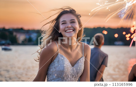 happy face girl against background fireworks, festive fireworks sky, young beautiful girl relaxing friends, travel vacation vacation sea, cheerful festive fireworks, colorful bright explosions sky happy face girl against background fireworks, festive fireworks sky, young beautiful girl relaxing friends, travel vacation vacation sea, cheerful festive fireworks, colorful bright explosions sky 113165996