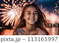 happy face girl against background fireworks, festive fireworks sky, young beautiful girl relaxing friends, travel vacation vacation sea, cheerful festive fireworks, colorful bright explosions sky 113165997