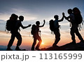 group climbers going up mountain sunset, silhouette work team climbers, teamwork, travel friends vacation, adventure hiking, helping hand, climbing high mountain up, team group friends sunset, active 113165999