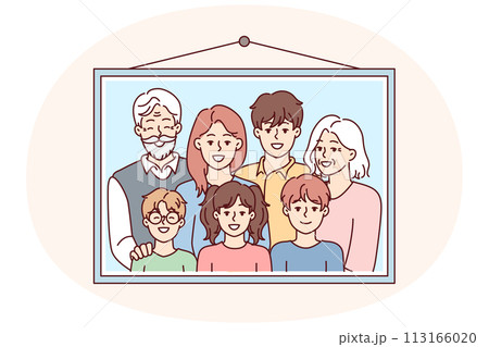 Family photo portrait in frame with children and gray-haired grandparents on wall. Vector image 113166020