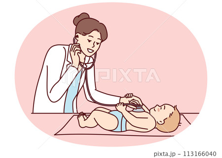 Woman pediatrician using stethoscope to listen to heartbeat of nursing baby 113166040