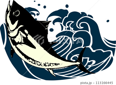 波でジャンプするマグロの和風イラスト 113166445