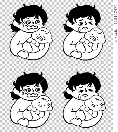 Mother taking care of a sick baby Hand-drawn illustration material set Line drawing Mother taking care of a sick baby Hand-drawn illustration material set Line drawing 113167474