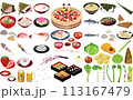 春の味覚・料理のイラスト①（雛ちらし、花見弁当、お食い初め、桜餅、柏餅） 113167479