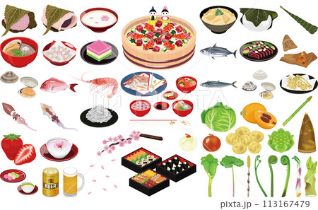 春の味覚・料理のイラスト①(雛ちらし、花見弁当、お食い初め、桜餅、柏餅) 春の味覚・料理のイラスト①(雛ちらし、花見弁当、お食い初め、桜餅、柏餅) 113167479