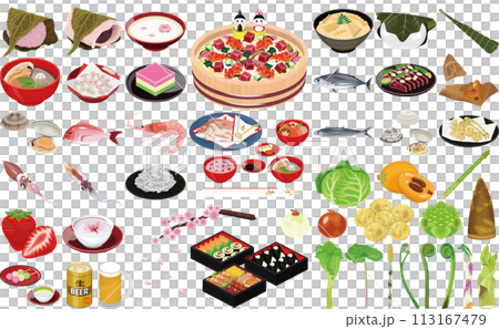 春の味覚・料理のイラスト①(雛ちらし、花見弁当、お食い初め、桜餅、柏餅) 春の味覚・料理のイラスト①(雛ちらし、花見弁当、お食い初め、桜餅、柏餅) 113167479