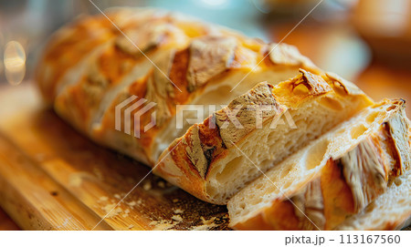 Crusty artisan bread, sliced on a rustic wooden board Crusty artisan bread, sliced on a rustic wooden board 113167560