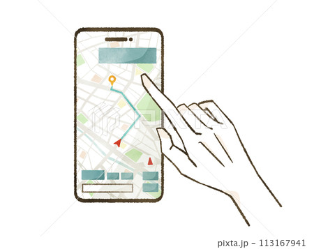 スマートフォンのナビアプリで経路を検索する手 113167941