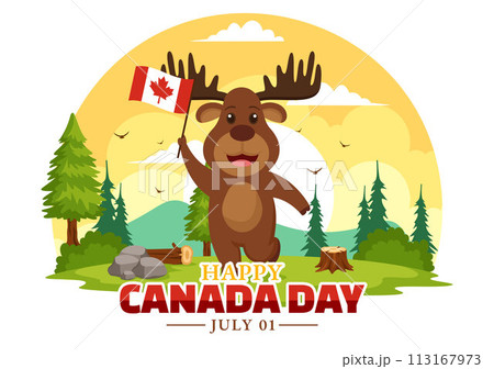 Happy Canada Day Vector Illustration Celebration in 1st July with Maple and Ribbon in National Holiday Flat Cartoon Background 113167973