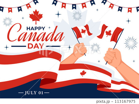 Happy Canada Day Vector Illustration Celebration in 1st July with Maple and Ribbon in National Holiday Flat Cartoon Background 113167975