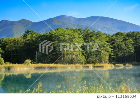 磐梯朝日国立公園 裏磐梯五色沼湖沼群るり沼の気嵐の風景 磐梯朝日国立公園 裏磐梯五色沼湖沼群るり沼の気嵐の風景 113168634