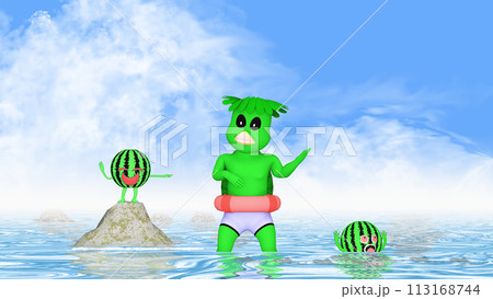 エアギターをする河童小僧と溺れるスイカくん　文字入れ用素材 113168744