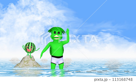 キュウリをくわえた河童小僧とスイカくん　文字入れ用素材 113168748