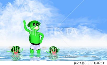 河童小僧とスイカくん　文字入れ用素材 113168751