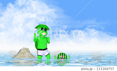 河童小僧の 水遊び禁止ポーズと溺れるスイカくん 水難事故の文字入れ用素材 河童小僧の 水遊び禁止ポーズと溺れるスイカくん 水難事故の文字入れ用素材 113168757