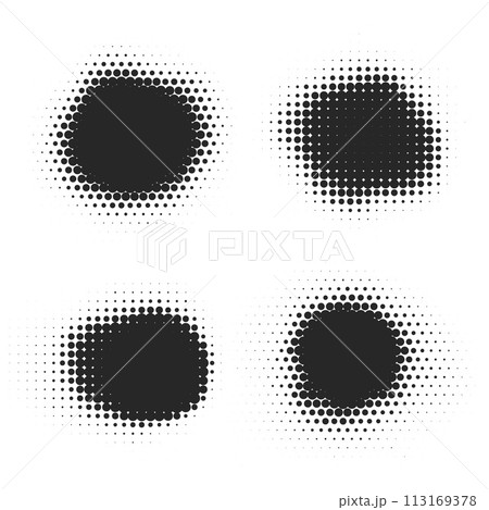 Halftone dotted shapes on white background. Vector paint blob with noisy effect. Abstract splatter circle shapes. Vector illustration Halftone dotted shapes on white background. Vector paint blob with noisy effect. Abstract splatter circle shapes. Vector illustration 113169378