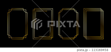 Golden thin frame set. Gold geometric borders in art deco style. Thin linear radiance rectangular shape collection. Yellow glowing shiny boarder element pack. Vector bundle for photo, cadre, poster 113169458