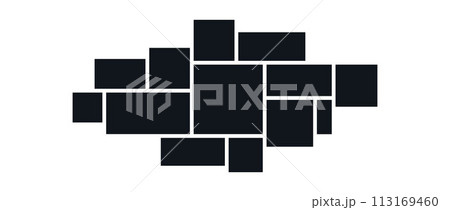 Mood board or photo image layout template. Black mosaic collage art grid. Picture frame composition. portfolio. Photo gallery arrangement design concept for presentation, poster, mockup. Vector 113169460