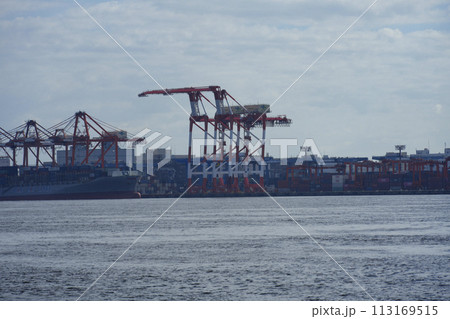 東京都大井埠頭のコンテナターミナルの景色。 113169515