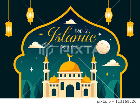 Happy Muharram Vector Illustration of Celebrating Islamic New Year with Mosque, Moon and Lantern Concept in Flat Kids Cartoon Background Happy Muharram Vector Illustration of Celebrating Islamic New Year with Mosque, Moon and Lantern Concept in Flat Kids Cartoon Background 113169520