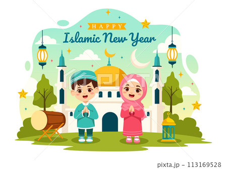 Happy Muharram Vector Illustration of Celebrating Islamic New Year with Mosque, Moon and Lantern Concept in Flat Kids Cartoon Background 113169528