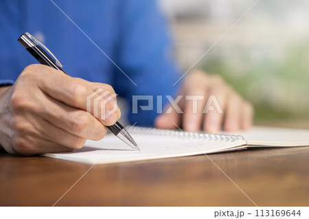 木のテーブルの上にあるノートにボールペンで文章を書いている人物 木のテーブルの上にあるノートにボールペンで文章を書いている人物 113169644