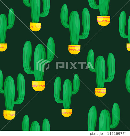 Vibrant seamless pattern of green cactus in yellow pots on black background Vibrant seamless pattern of green cactus in yellow pots on black background 113169774