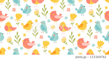 Textile design featuring colorful birds and flowers on a white background Textile design featuring colorful birds and flowers on a white background 113169782