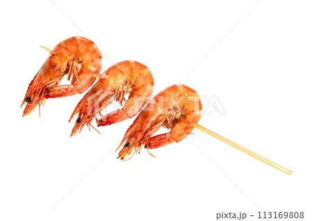 roasted prawn with skewer isolated,grilled shrimp roasted prawn with skewer isolated,grilled shrimp 113169808