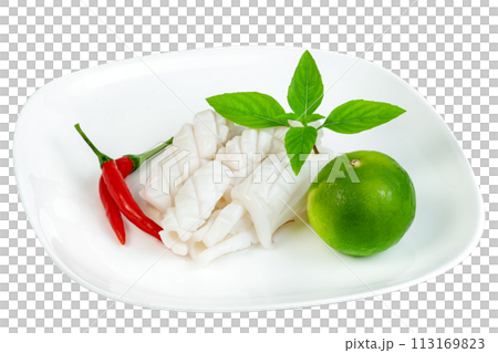 Boiled squid with chili and lemon and basil isolated 113169823