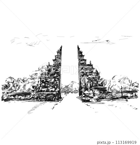 Drawing of Gardian statue at entrance Bali temple 113169919