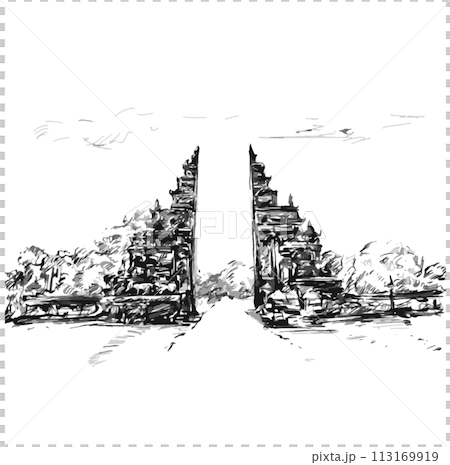 Drawing of Gardian statue at entrance Bali temple 113169919