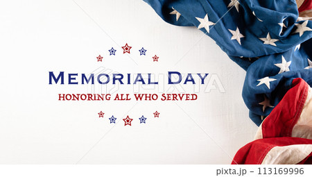 Happy memorial day concept made from american flag and the text on white wooden background. 113169996