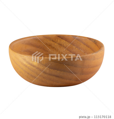 Close up of empty wooden bowl isolated on white background. Close up of empty wooden bowl isolated on white background. 113170118