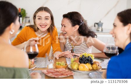 Female friends having fun at intimate house party Female friends having fun at intimate house party 113170306