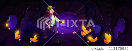 Man explorer in cave with golden crystals. Man explorer in cave with golden crystals. 113170922