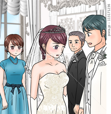 結婚式場で深刻な表情をしている新郎新婦と親族 113171236