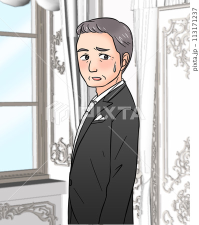 結婚式場で心配な表情の男性（父） 113171237