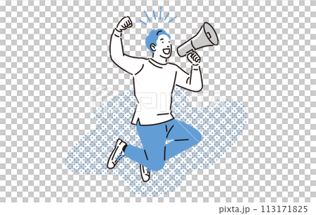 一名男子手持擴音器，上躥下跳歡呼 113171825