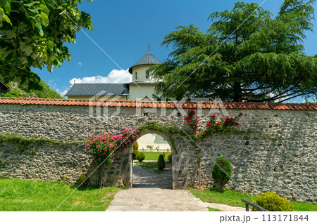 the entrance to the territory of the Moraca monastery framed by flowering plants 113171844