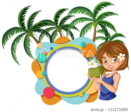 Tropical Vacation Frame with Cheerful Girl 113171890