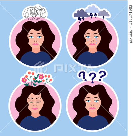 Mental Health Stickers Pack. Sad woman cry, feel stressed, perplexity, calmness. Woman with mental problems. Stress Awareness. Anxiety. Depression. ADHD. Inner peace. Flat vector illustration. 113171982